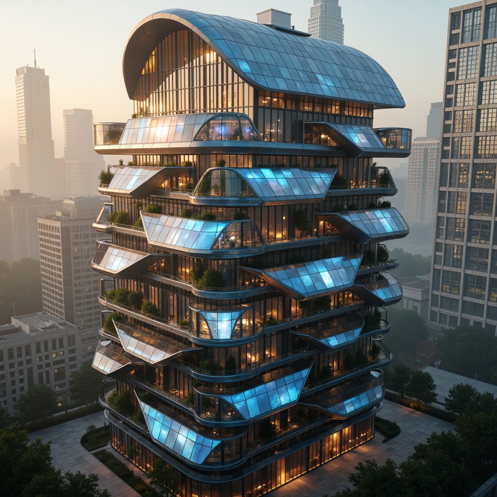 Prompt: Futuristic skyscraper, curved dome roofs, gleaming metallic surfaces, iridescent colors, neon lights, holographic projections, angular lines, asymmetrical shapes, cantilevered overhangs, sweeping arches, futuristic materials, translucent canopies, kinetic architecture, dynamic transformations, cyberpunk atmosphere, misty foggy morning, warm golden lighting, shallow depth of field, 1/1 composition, dramatic low-angle shot, high-contrast rendering, detailed textures, ambient occlusion.