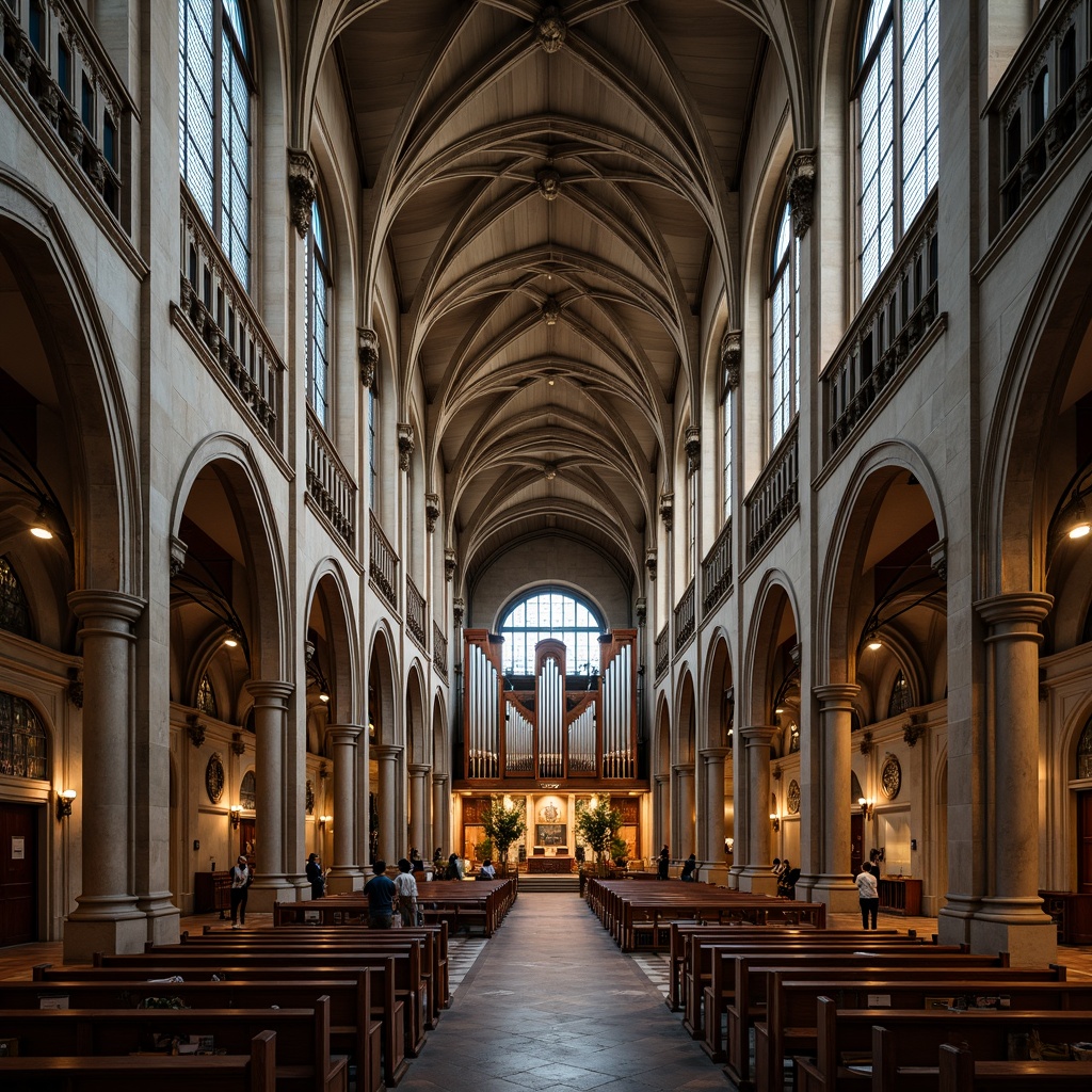 Prompt: Grand cathedral interior, high vaulted ceilings, stained glass windows, ornate stone carvings, intricate wooden pews, grand organ pipes, nave and apse layout, symmetrical aisles, colonnaded arches, ribbed vaults, clerestory lighting, soft warm glow, dramatic shadows, 1/2 composition, low angle shot, atmospheric perspective, subtle texture details, ambient occlusion.