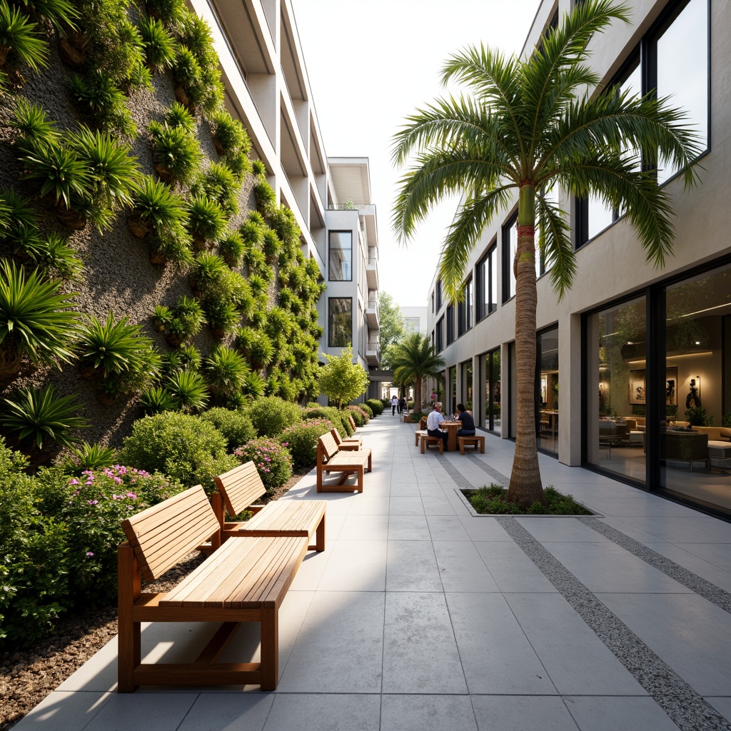 Prompt: \Modern shopping center courtyard, lush green walls, vibrant flower arrangements, sleek wooden benches, natural stone pathways, contemporary water features, minimalist lighting fixtures, open-air corridors, tropical palm trees, sunny day, soft warm lighting, shallow depth of field, 3/4 composition, panoramic view, realistic textures, ambient occlusion, eco-friendly materials, innovative irrigation systems, adaptive reuse of industrial spaces, urban agriculture integration, vertical gardening, green roofs, living walls, dynamic public art installations.\