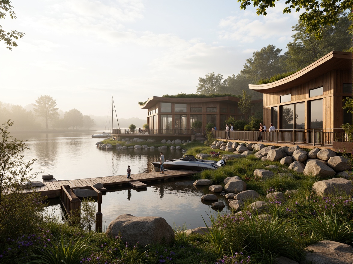 Prompt: Waterfront boathouse, organic architecture, curved lines, natural materials, reclaimed wood, living roofs, lush greenery, wildflowers, lake views, misty mornings, soft warm lighting, shallow depth of field, 1/1 composition, intimate scale, handcrafted details, earthy color palette, rusty metal accents, nautical elements, wooden docks, sailboats, tranquil atmosphere, serene surroundings, realistic textures, ambient occlusion.