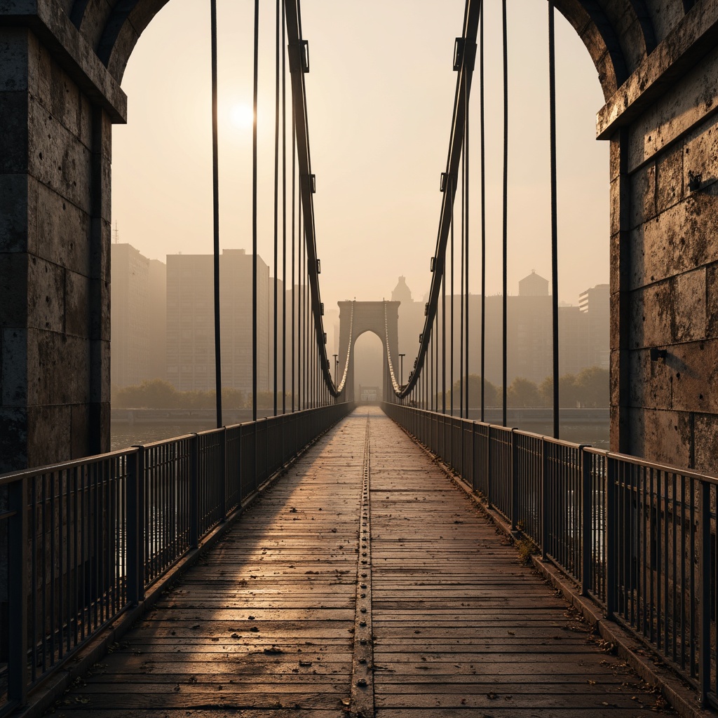 Prompt: Rustic steel bridges, exposed rivets, weathered wooden planks, industrial metal railings, textured stone piers, rugged concrete abutments, suspended cable systems, dramatic arches, minimalist lighting, misty morning fog, warm golden sunlight, 1/2 composition, symmetrical framing, atmospheric perspective, detailed rivet textures, realistic rust effects.