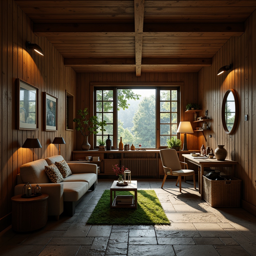 Prompt: Rustic wooden dormitory, earthy tone walls, natural stone floors, cozy reading nooks, plush green carpets, traditional rural furniture, vintage decorative items, warm candle lighting, soft country music, serene forest surroundings, misty morning atmosphere, shallow depth of field, 1/2 composition, warm color palette, realistic textures, ambient occlusion.