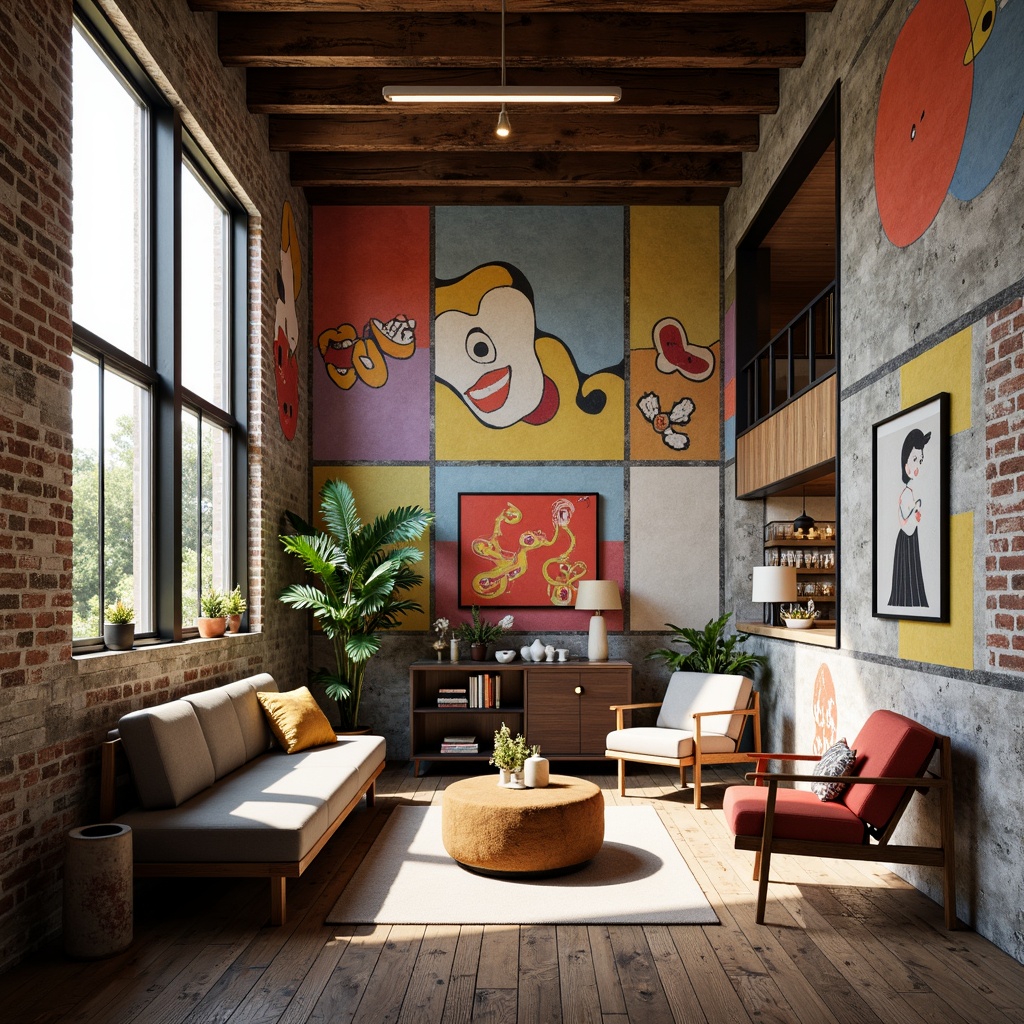 Prompt: Vibrant eclectic buildings, irregular floor plans, bold color schemes, mixed textures, distressed wood accents, industrial metal beams, reclaimed wooden floors, exposed brick walls, modern minimalist furniture, abstract artwork, oversized windows, natural light pouring in, warm cozy atmosphere, shallow depth of field, 1/2 composition, atmospheric lighting, soft shadows, realistic renderings.