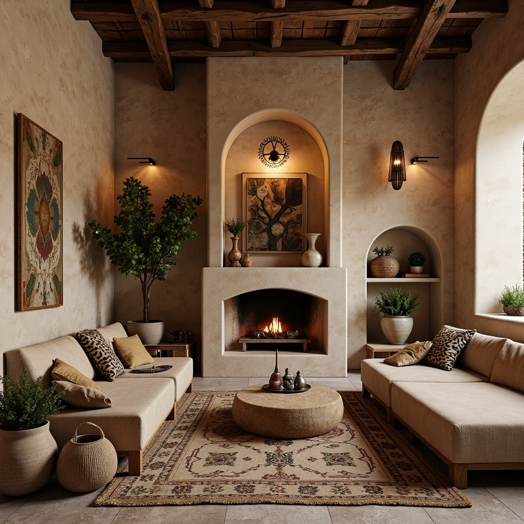 Prompt: Rustic sandstone walls, eclectic furniture mix, vintage decorative pieces, distressed wood accents, earthy color palette, natural textiles, woven baskets, pampas grass arrangements, Moroccan-inspired tiles, intricately patterned rugs, warm ambient lighting, soft shadows, cozy nooks, asymmetrical composition, organic shapes, unique artifacts, global cultural influences, ornate metalwork, plush upholstery, statement light fixtures, abstract artwork, bold color accents.