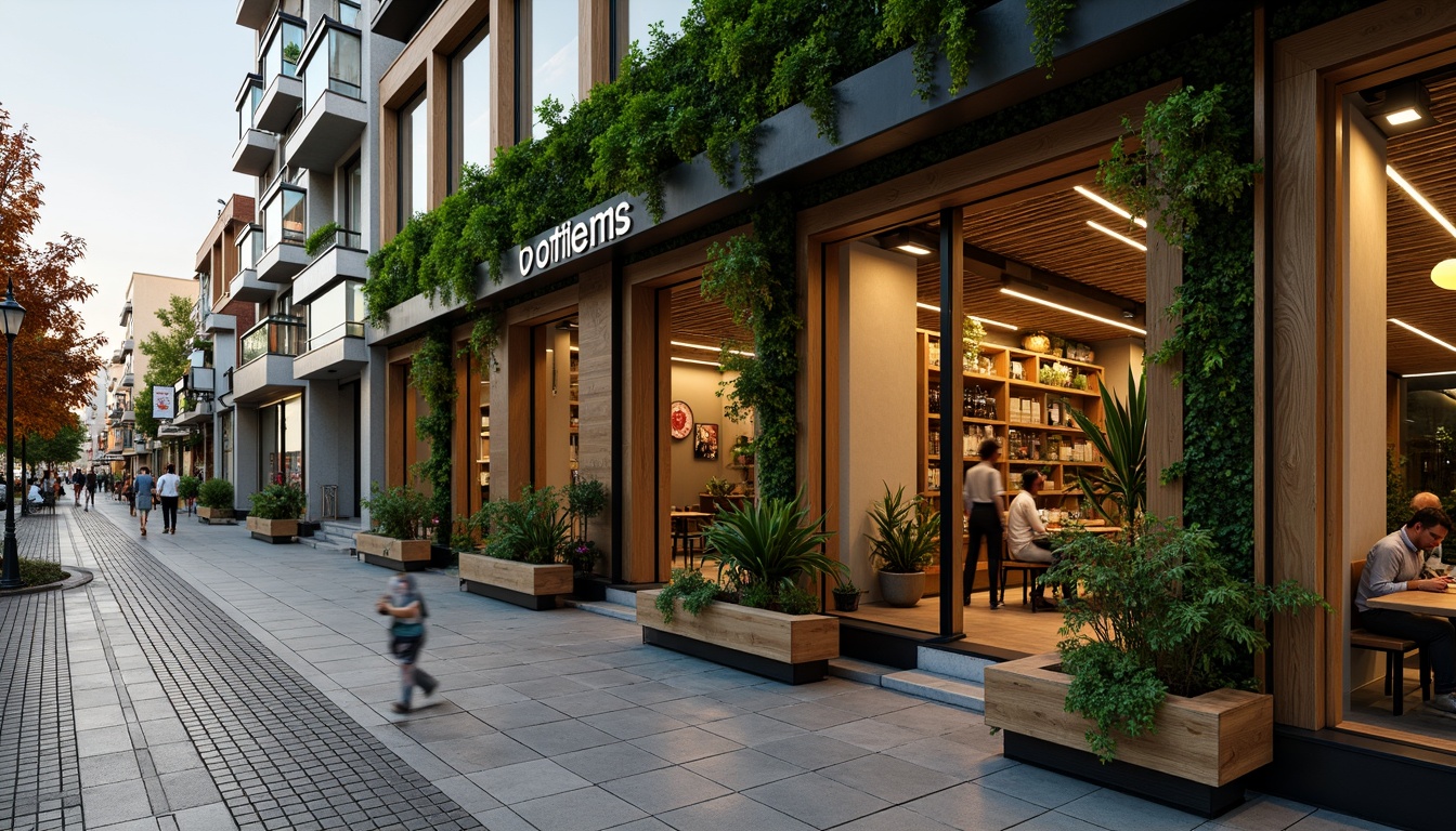 Prompt: Vibrant coffee shop, modern minimalist facade, large glass windows, wooden accents, green walls, lush plants, urban cityscape, busy street scene, natural stone pavement, stainless steel benches, industrial-chic lighting, warm cozy ambiance, shallow depth of field, 1/1 composition, realistic textures, ambient occlusion, morning sunlight, soft warm glow, inviting entrance.