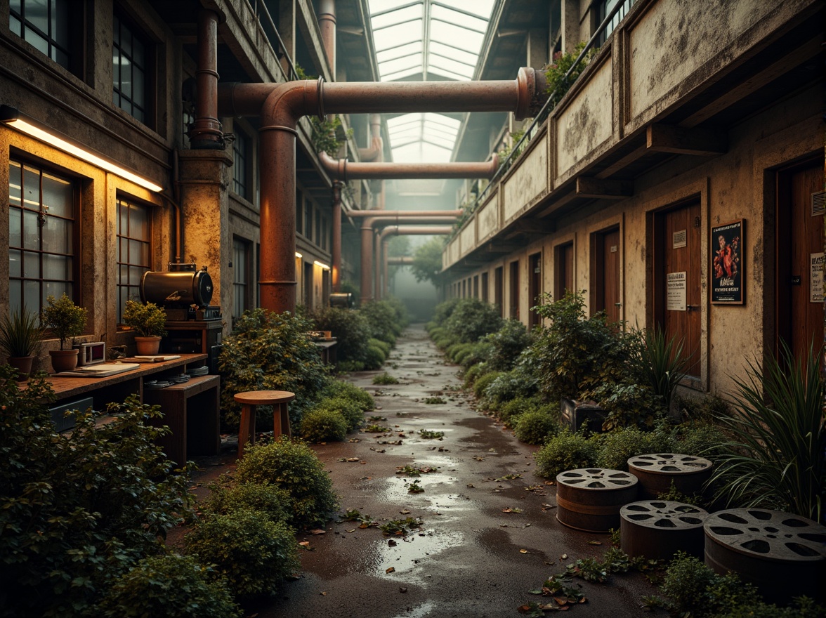 Prompt: Majestic cinematic landscape, eclectic architecture, rusty industrial pipes, vintage camera equipment, film reel decorations, nostalgic movie posters, dim warm lighting, shallow depth of field, 3/4 composition, panoramic view, realistic textures, ambient occlusion, misty atmosphere, eerie fog effects, abandoned factory settings, overgrown vegetation, distressed stone walls, worn wooden planks, cinematic color grading, warm golden hour, dynamic camera movements.