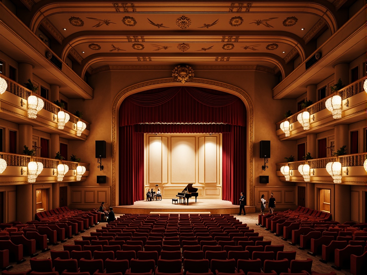 Prompt: Luxurious concert hall, rich wood tones, ornate chandeliers, plush velvet seats, grand piano center stage, sound-absorbing panels, acoustic diffusers, precise speaker placement, warm ambient lighting, soft carpeted floors, curved balconies, dramatic ceiling heights, ornamental metalwork, elegant drapery, intimate performance areas, flexible seating arrangements, state-of-the-art audio equipment, 3-point lighting system, shallow depth of field, 2/3 composition, realistic textures, subtle animations.