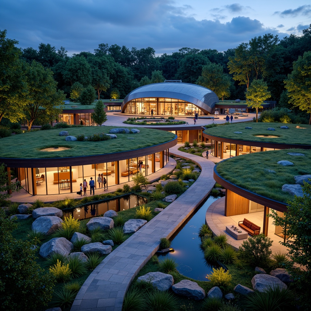 Prompt: Vibrant cultural center, lush green roofs, natural stone walls, curved water features, walking trails, native plant species, outdoor amphitheater, wooden benches, educational signage, modern architecture, large glass facades, cantilevered structures, dramatic night lighting, shallow depth of field, 3/4 composition, panoramic view, realistic textures, ambient occlusion.