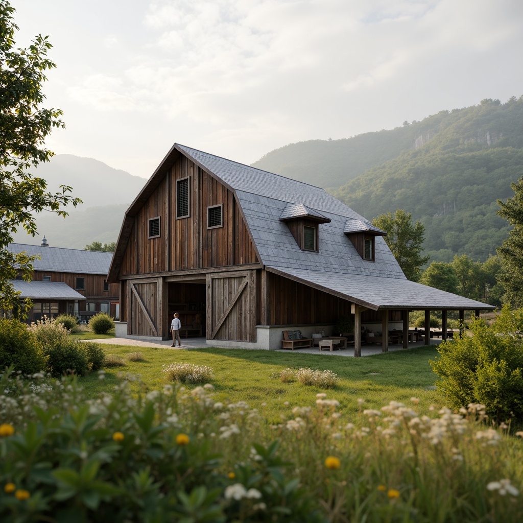 Prompt: Rustic barn, wooden accents, natural stone walls, green roofs, wildflower meadows, rolling hills, serene countryside, misty mornings, soft warm lighting, shallow depth of field, 3/4 composition, panoramic view, realistic textures, ambient occlusion, minimal ornamentation, distressed wood finishes, earthy color palette, vintage metal decorations, reclaimed lumber, rural scenery, peaceful atmosphere.