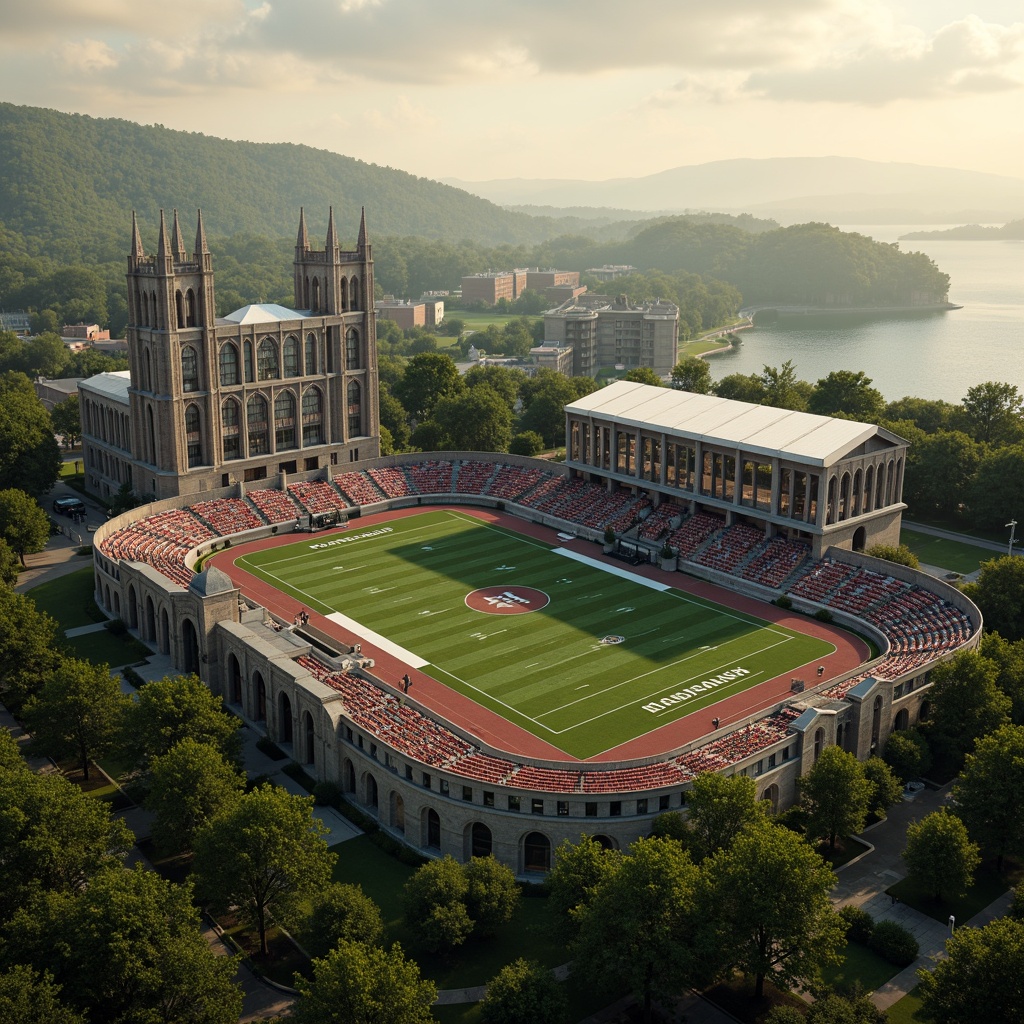 Prompt: Majestic gothic-style football stadium, grandiose arches, ribbed vaults, ornate facades, stained glass windows, dramatic steeples, lush greenery, rolling hills, serene lakeside, misty atmosphere, warm golden lighting, shallow depth of field, 3/4 composition, panoramic view, realistic textures, ambient occlusion, rustic stone walls, medieval-inspired architecture, intricate carvings, ornate metalwork, vibrant team colors, dynamic spectator seating, modern amenities, state-of-the-art scoreboards.