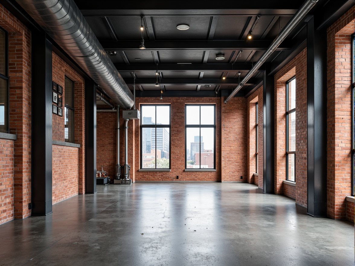 Prompt: Exposed brick walls, industrial metal beams, polished concrete floors, minimalist decor, functional simplicity, rectangular forms, primary color accents, geometric patterns, steel windows, mechanical pipes, brutalist aesthetics, urban cityscape, overcast sky, dramatic shadows, high contrast lighting, 1/2 composition, realistic textures, ambient occlusion.Please let me know if this meets your requirements!