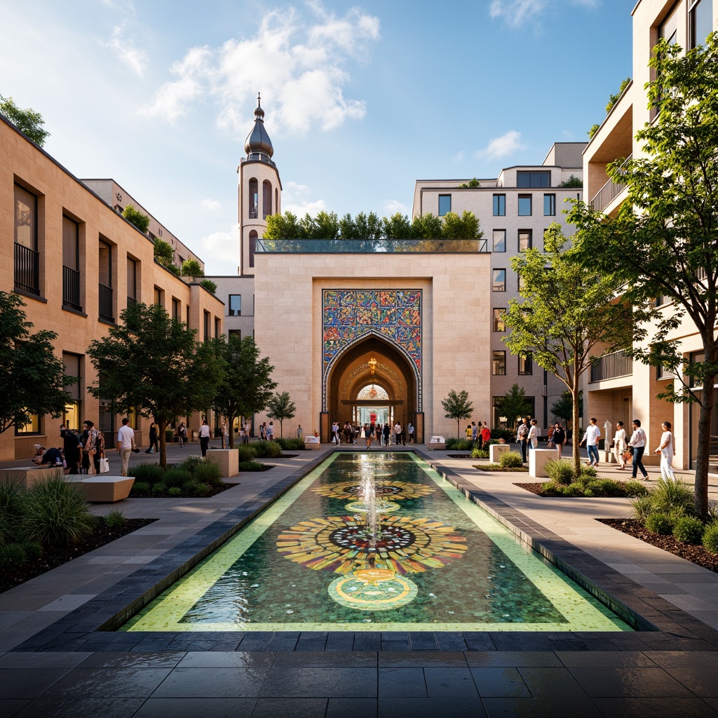 Prompt: Vibrant cultural center, ornate facades, traditional architectural styles, grand entrance gates, intricate carvings, colorful mosaics, Islamic-inspired geometric patterns, modern LED lighting, dynamic water features, lush green roofs, public art installations, urban plaza setting, bustling cityscape, warm afternoon sunlight, shallow depth of field, 2/3 composition, wide-angle lens, realistic reflections, ambient occlusion.