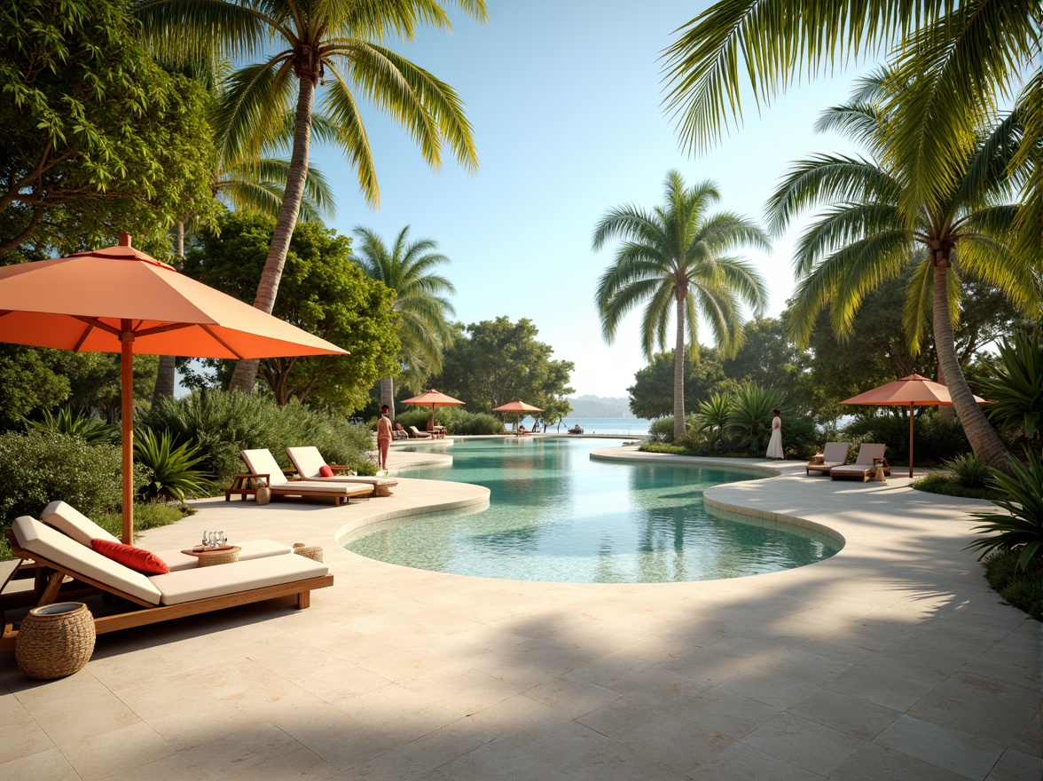 Prompt: Vibrant tropical getaway, pastel hues, soft peach tones, calming turquoise waters, powdery sandy beaches, lush green palm trees, exotic floral patterns, natural woven textiles, warm golden lighting, shallow depth of field, 1/1 composition, realistic renderings, ambient occlusion.