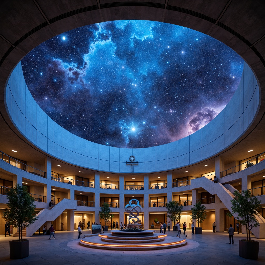 Prompt: Celestial-themed planetarium, curved lines, spherical structures, geodesic domes, futuristic architecture, academic institution, starry night sky, nebula-inspired murals, astronomical instruments, telescopes, observatory decks, circular staircases, spiral ramps, minimalist interior design, ambient indirect lighting, soft blue hues, stucco walls, copper accents, wooden flooring, astronomy-themed sculptures, interactive exhibits, immersive experiences, 360-degree projections, surround sound systems, panoramic views, shallow depth of field.