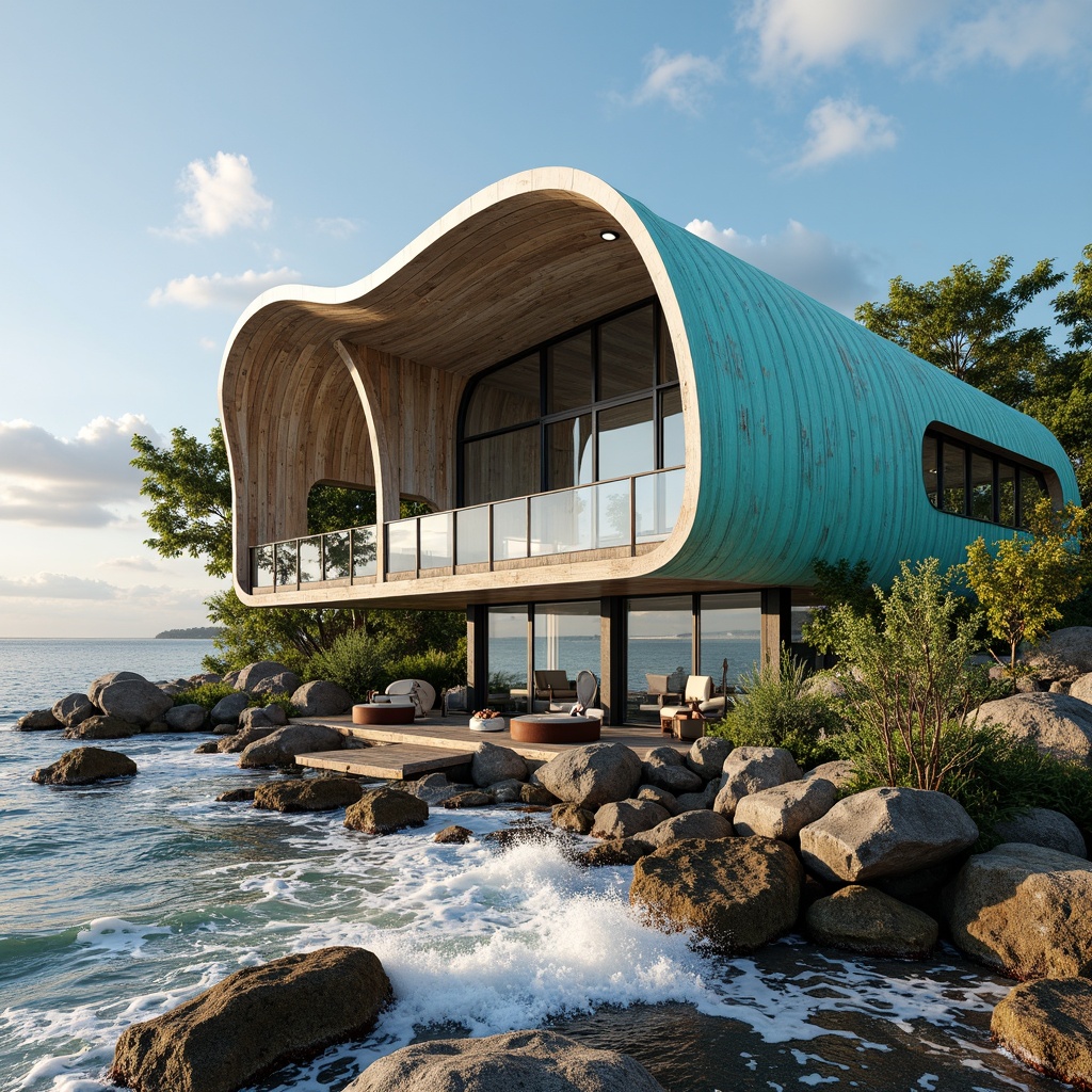 Prompt: Wave-crashing coastline, salty sea air, rugged rocks, ocean-inspired fa\u00e7ades, undulating rooflines, nautical-themed architecture, large windows, sliding glass doors, weathered wood accents, rust-resistant metal cladding, vibrant turquoise hues, beachy textures, driftwood decorations, sea-salt-eroded concrete, atmospheric misting systems, 1/1 composition, symmetrical framing, warm golden lighting, shallow depth of field, realistic reflections.