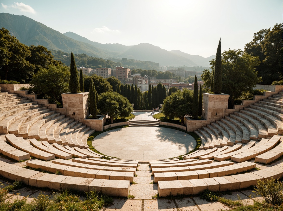 Prompt: Ancient Greek-inspired amphitheater, tiered seating, natural stone structures, curved architecture, lush greenery surroundings, distant mountain views, warm sunny day, soft warm lighting, shallow depth of field, 3/4 composition, panoramic view, realistic textures, ambient occlusion, optimal sound reflection, resonance control, acoustic diffusers, absorptive materials, frequency response analysis, psychoacoustic modeling, immersive audio experience.