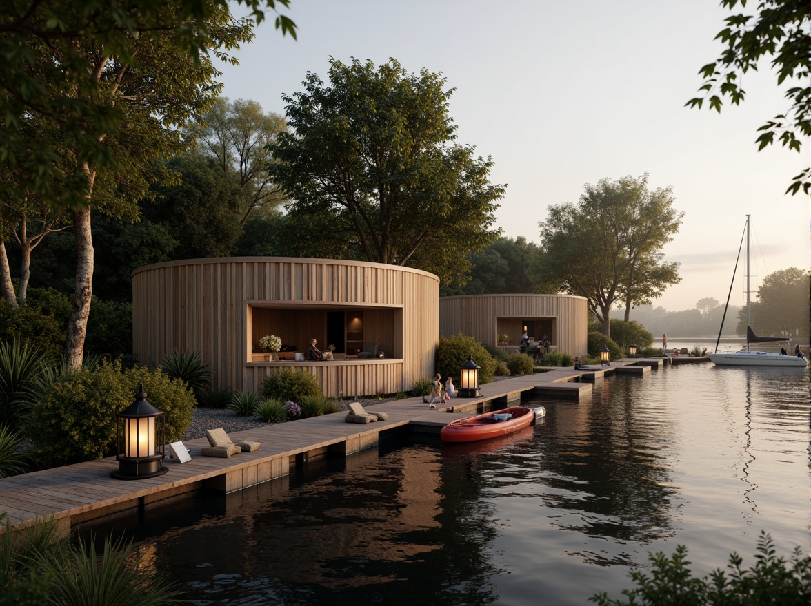 Prompt: Curved boathouse silhouette, natural wood accents, earthy color palette, waterfront location, serene lake views, lush greenery surroundings, wooden dock, sailboats and kayaks, rope detailing, lantern-style lighting, warm golden hour, soft misty atmosphere, 1/1 composition, shallow depth of field, realistic water reflections, ambient occlusion.