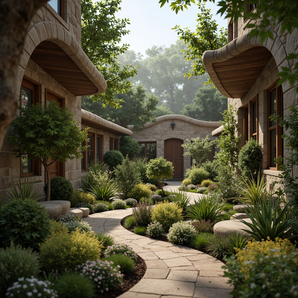 Prompt: Undulating organic forms, curvaceous lines, blending boundaries, lush greenery, vibrant flowers, natural stone walls, wooden accents, earthy tones, seamless integration, rustic charm, whimsical ambiance, soft warm lighting, shallow depth of field, 3/4 composition, panoramic view, realistic textures, ambient occlusion, misty atmosphere, serene surroundings.