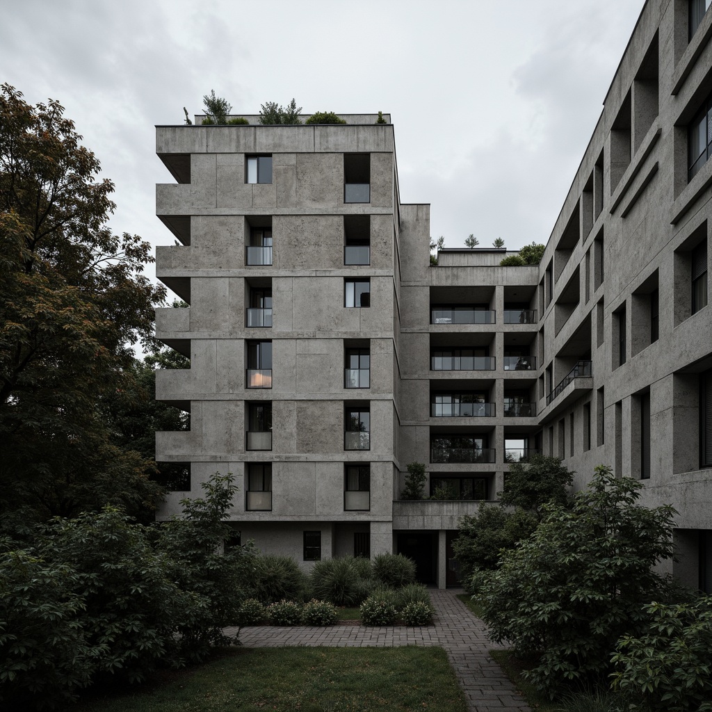 Prompt: Rugged university building, brutalist architecture, raw concrete walls, fortress-like structure, geometric shapes, angular lines, minimal ornamentation, functional design, institutional atmosphere, dense foliage surroundings, overcast sky, dramatic shadows, high-contrast lighting, 1/2 composition, realistic textures, ambient occlusion.