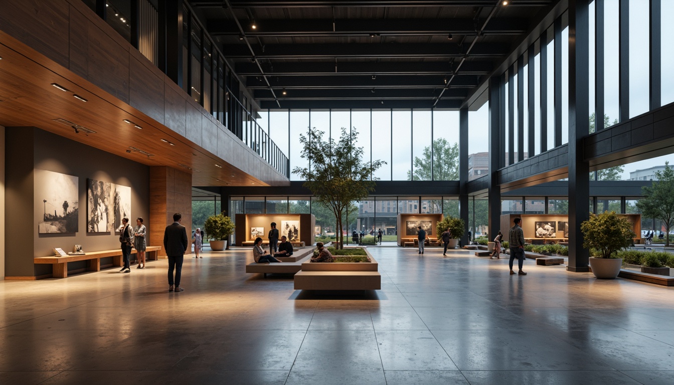 Prompt: Streamlined modern museum interior, high ceilings, minimalist decor, sleek metal accents, polished concrete floors, subtle ambient lighting, warm softbox lights, dramatic spotlights, gentle LED strips, floor-to-ceiling windows, natural daylight, diffused overhead lighting, 1/1 composition, shallow depth of field, realistic textures, subtle color grading.