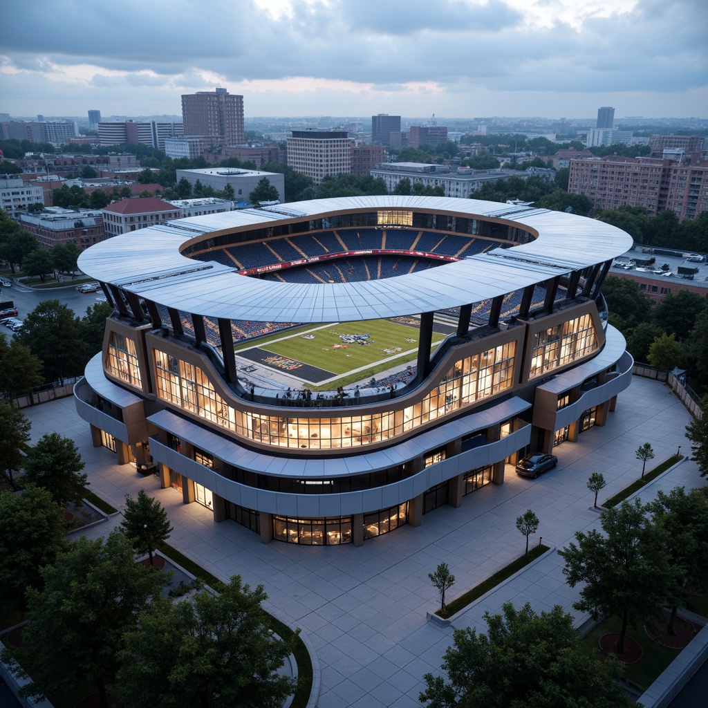 Prompt: Sleek stadium facade, curved lines, modernist architecture, aerodynamic shapes, metallic materials, polished steel surfaces, LED lighting strips, dynamic color schemes, abstract geometric patterns, cantilevered canopies, grand entrance gates, minimalist detailing, open-air concourses, tiered seating areas, sports-themed murals, urban cityscape backdrop, overcast sky, dramatic spotlighting, high-contrast shading, 1/1 composition, cinematic atmosphere.