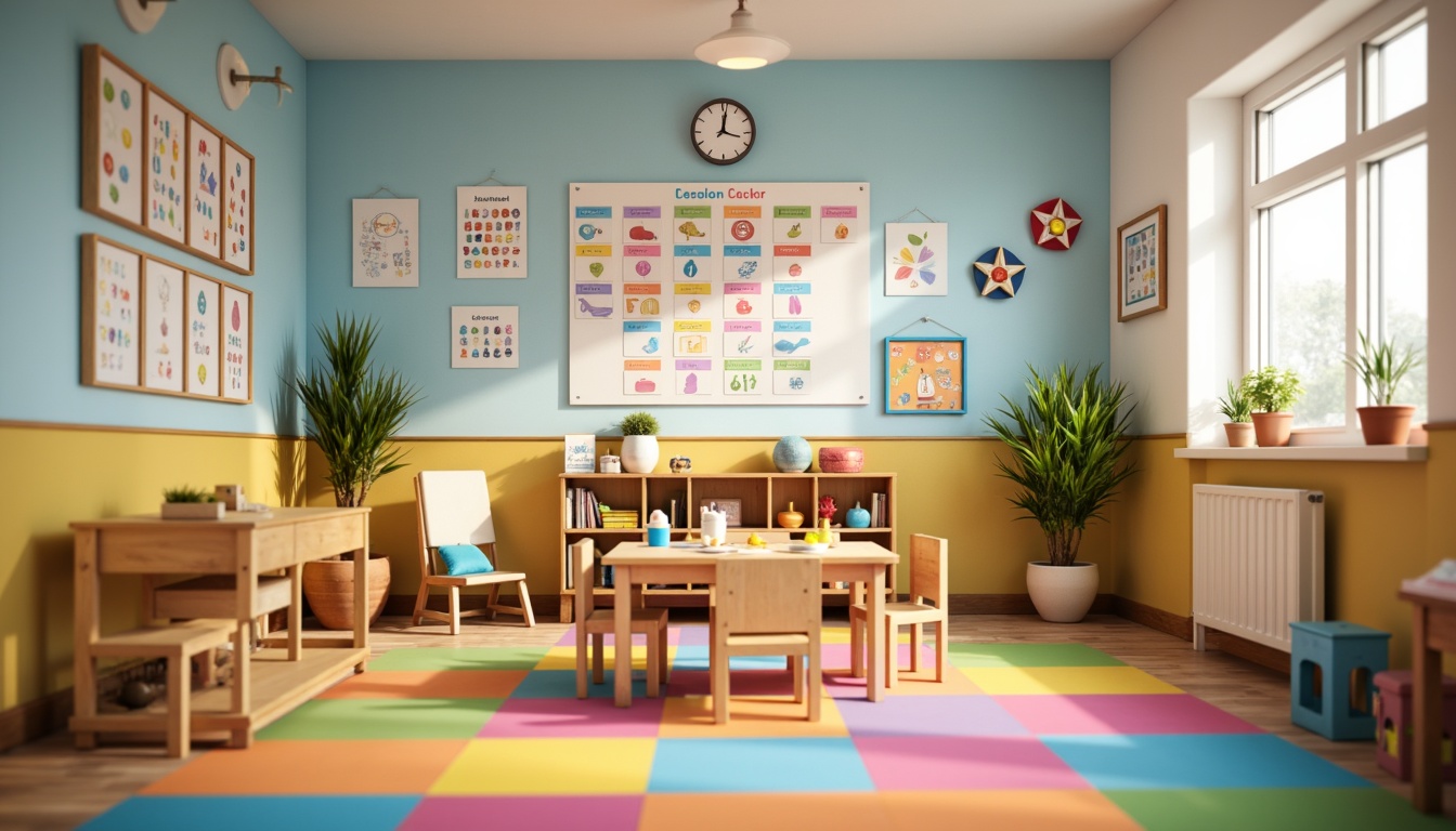 Prompt: Vibrant kindergarten classroom, playful color scheme, bright primary colors, pastel hues, soft neutrals, educational posters, alphabet charts, number lines, colorful rugs, wooden tables, tiny chairs, stimulating learning environment, natural daylight, warm cozy atmosphere, shallow depth of field, 1/1 composition, realistic textures, ambient occlusion.