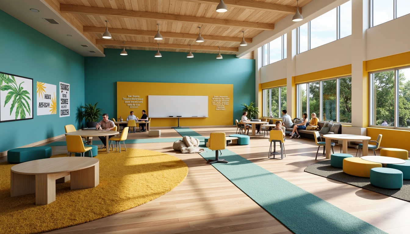 Prompt: Vibrant educational setting, bold accent walls, warm beige furniture, rich wood tones, calming blue-green hues, energizing yellow accents, inspirational quotes, motivational graphics, collaborative workspaces, flexible seating arrangements, natural materials, plenty of daylight, softbox lighting, cozy reading nooks, textured rugs, geometric patterns, stimulating color contrasts, dynamic visual displays, interactive whiteboards, minimalistic decor, futuristic technology integration.