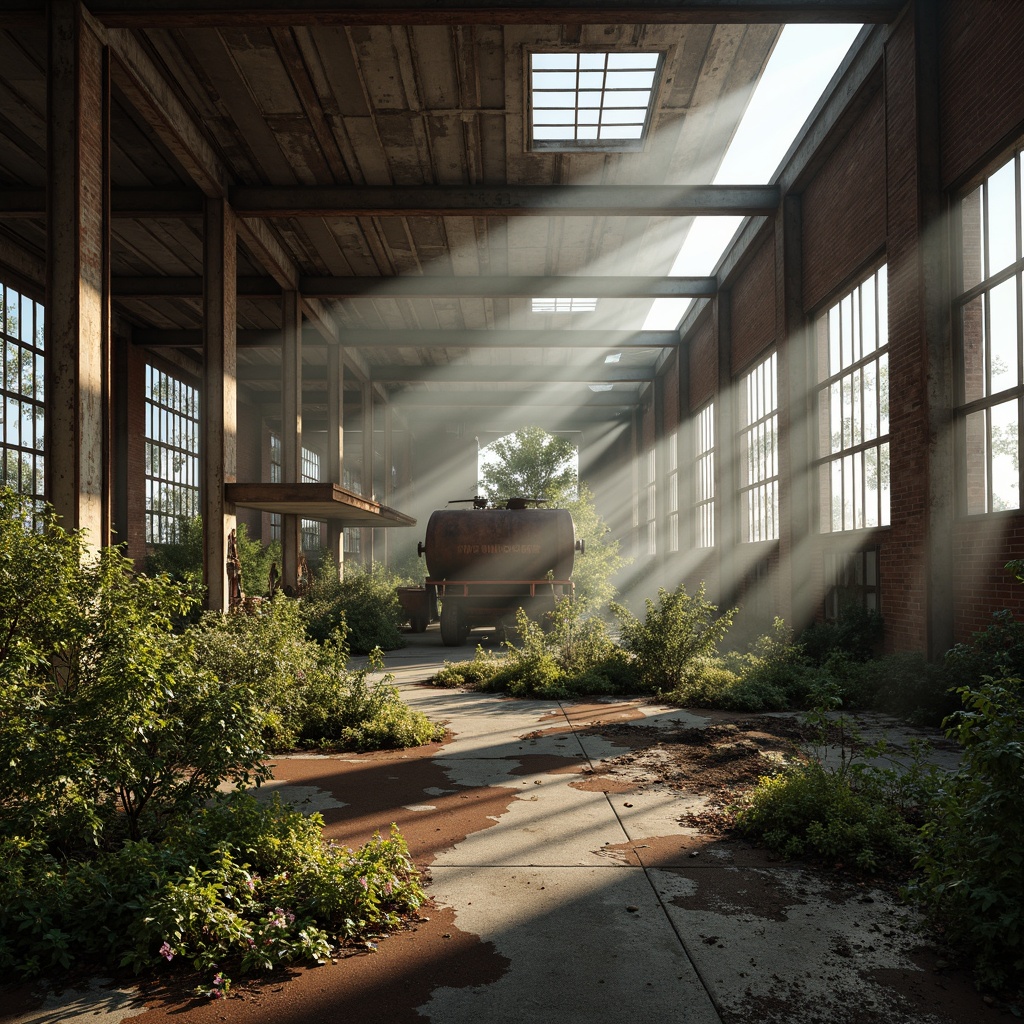 Prompt: Abandoned warehouse, deconstructivist architecture, exposed brick walls, rusty metal beams, crumbling concrete floors, overgrown vegetation, wildflowers, vines, industrial decay, distressed textures, natural light pouring through broken windows, atmospheric fog, misty morning, soft warm lighting, shallow depth of field, 1/1 composition, realistic materials, ambient occlusion, eclectic mix of organic and industrial elements, abstract sculptures, found objects as art pieces, repurposed machinery, functional art installations.