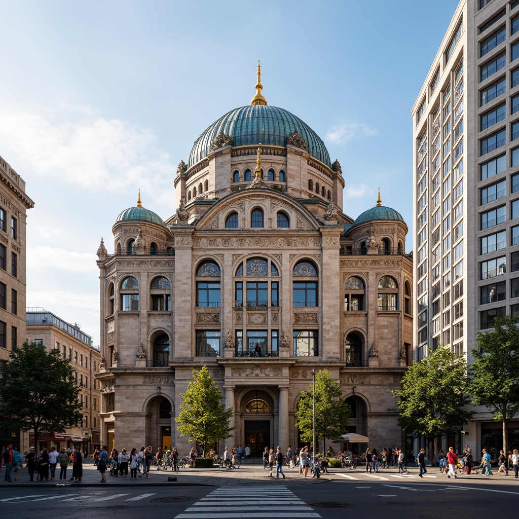 Prompt: Majestic Byzantine cathedral, intricately carved stone fa\u00e7ade, grand dome structures, vibrant mosaics, ornate archways, golden accents, urban cityscape integration, bustling streets, modern skyscrapers, historic landmarks, busy pedestrians, morning sunlight, soft warm lighting, atmospheric perspective, 1/2 composition, shallow depth of field, realistic textures, ambient occlusion.