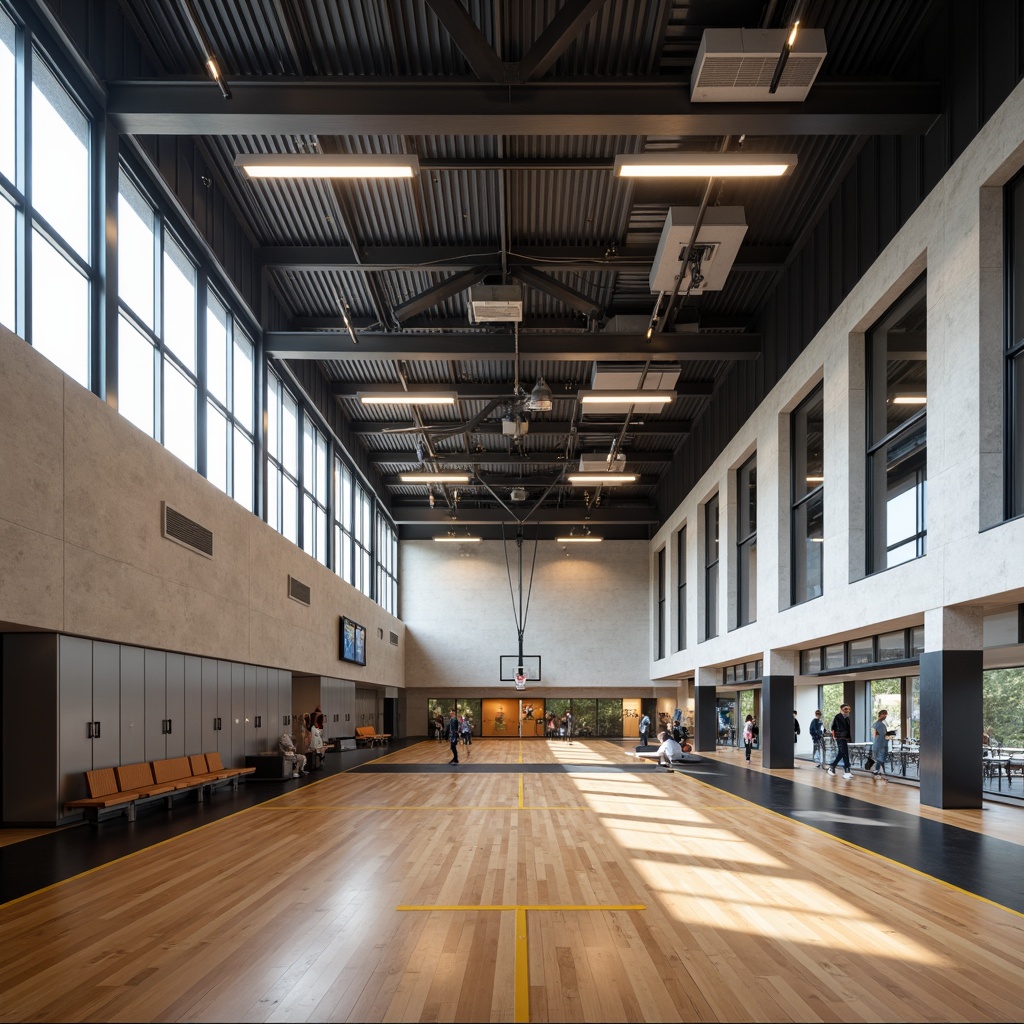 Prompt: Modernist gymnasium building, functional architecture, minimalist design, industrial materials, steel beams, concrete walls, large windows, natural light, open spaces, geometric shapes, bold color schemes, athletic equipment, sports flooring, basketball courts, volleyball nets, running tracks, exercise machines, locker rooms, shower facilities, sleek metal lockers, wooden benches, modern lighting fixtures, high ceilings, spacious interiors, 3/4 composition, symmetrical framing, soft warm lighting, shallow depth of field.