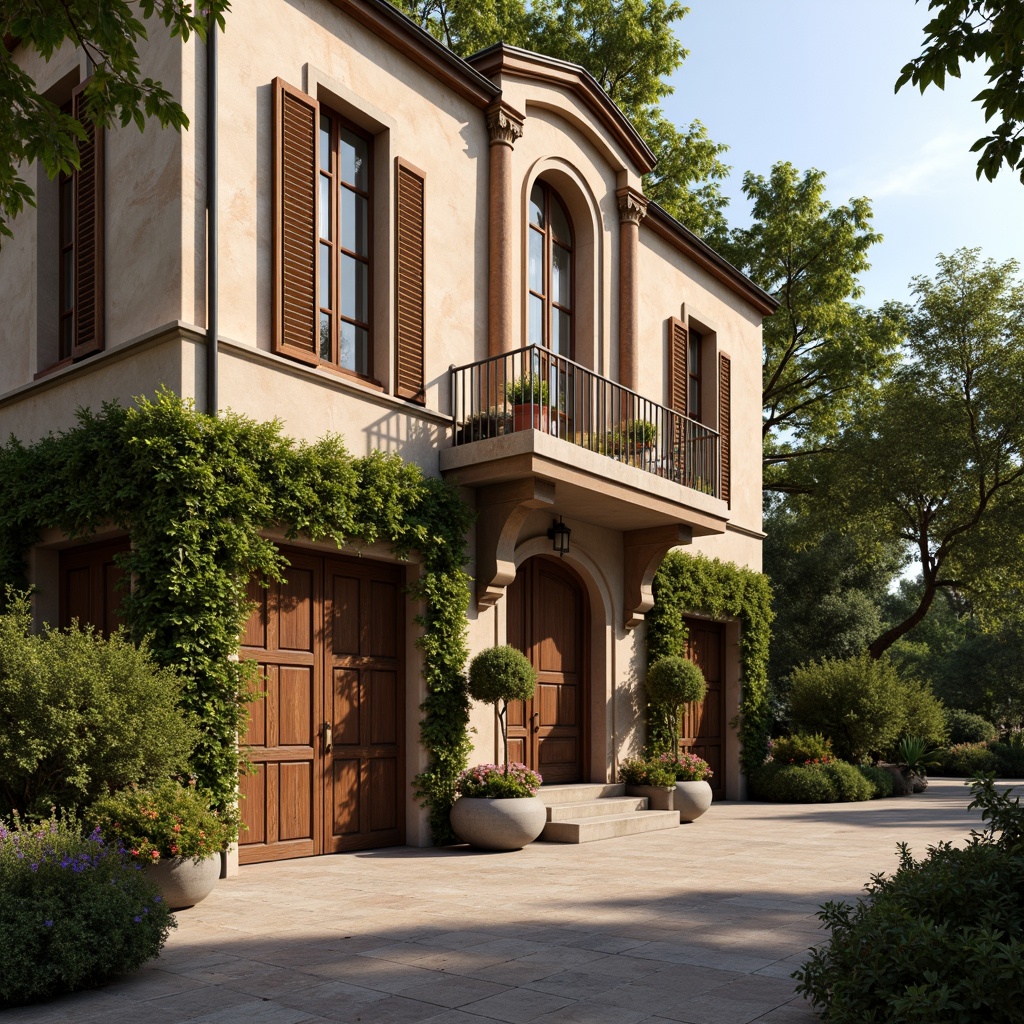 Prompt: Elegant villa facade, ornate Renaissance details, warm beige stone walls, rustic wooden doors, intricately carved wooden balconies, grand entrance gates, lush green ivy, blooming flower boxes, soft warm lighting, shallow depth of field, 3/4 composition, panoramic view, realistic textures, ambient occlusion, symmetrical architecture, classical columns, ornate cornices, decorative friezes, subtle weathering effects, romantic Italian countryside setting, serene natural surroundings.