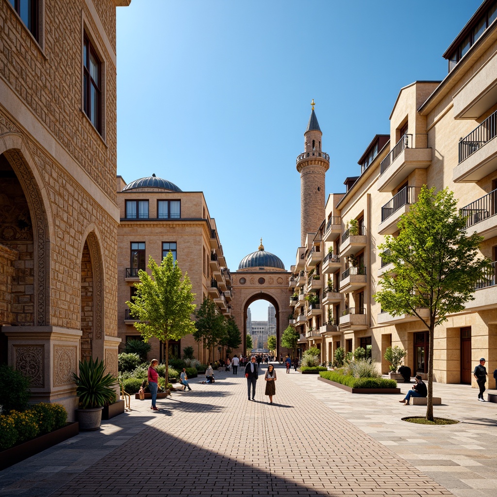 Prompt: Vibrant cityscape, ancient cultural heritage, intricately patterned mosaics, ornate details, rich colors, geometric shapes, Islamic-inspired motifs, urban landmarks, historic buildings, ornamental facades, pedestrian walkways, bustling streets, warm sunny day, shallow depth of field, 1/1 composition, realistic textures, ambient occlusion.