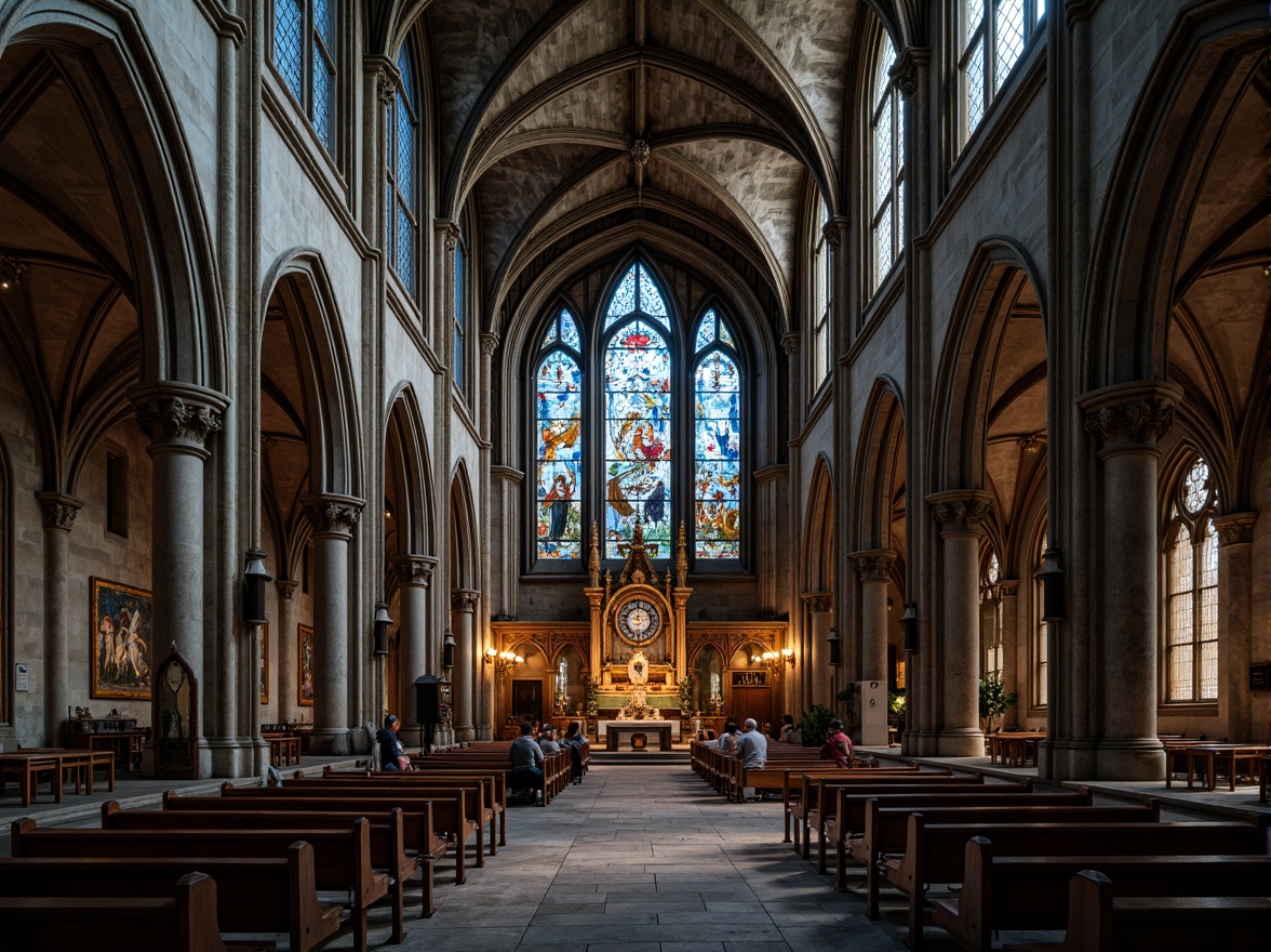 Prompt: Gothic cathedral, intricate stone carvings, ribbed vaults, pointed arches, stunning stained glass windows, oxidized aluminium accents, ornate metalwork, weathered stone fa\u00e7ade, mysterious ambient lighting, dramatic shadows, high contrast ratio, cinematic composition, detailed textures, realistic reflections.