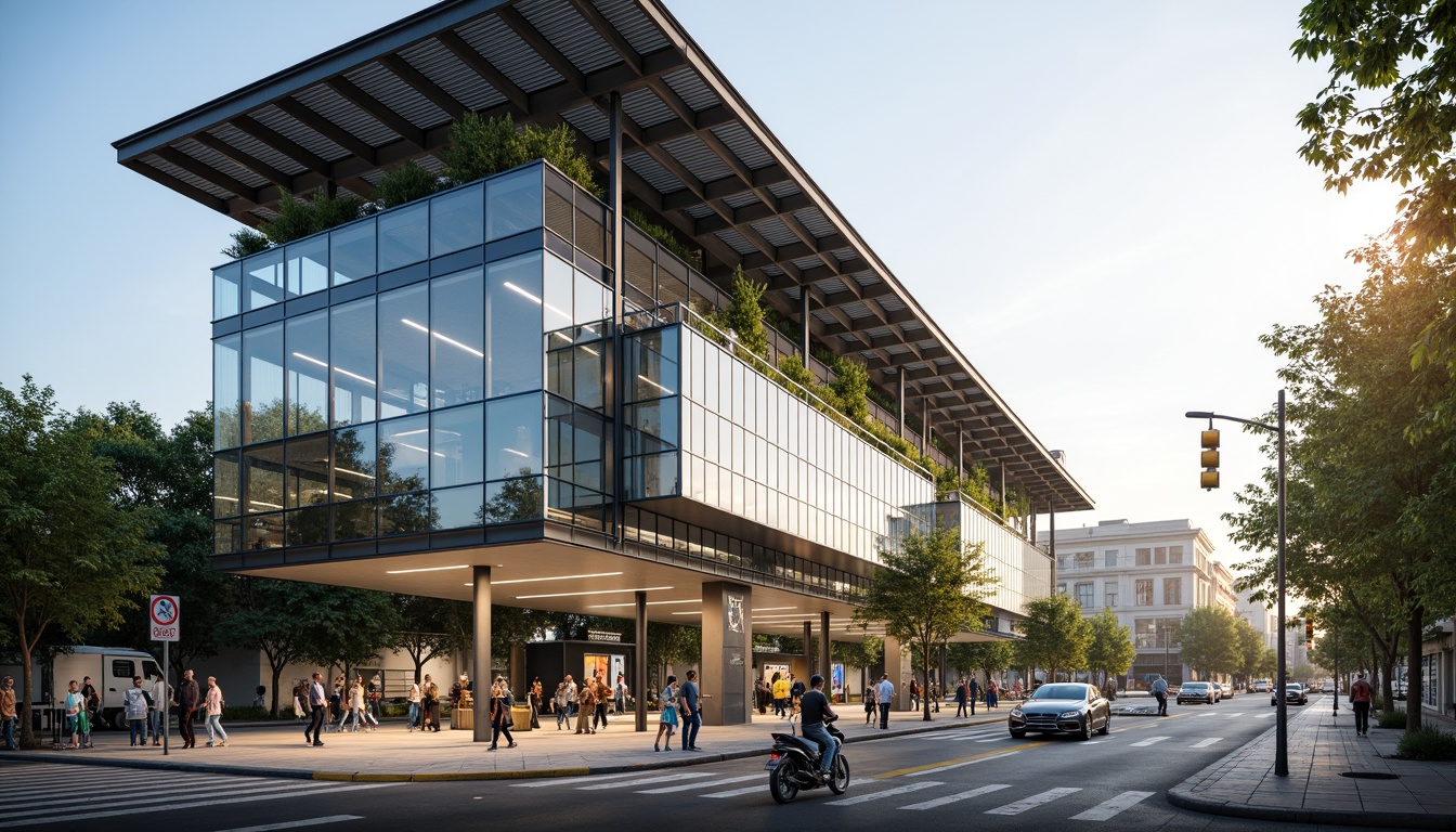 Prompt: Modern bus station, sleek glass facade, angular metal framework, solar panels integrated roof, green roofs, eco-friendly materials, sustainable energy solutions, natural ventilation systems, energy-efficient lighting, minimalist interior design, futuristic architecture style, urban cityscape, morning sunlight, soft warm glow, shallow depth of field, 3/4 composition, panoramic view, realistic textures, ambient occlusion.