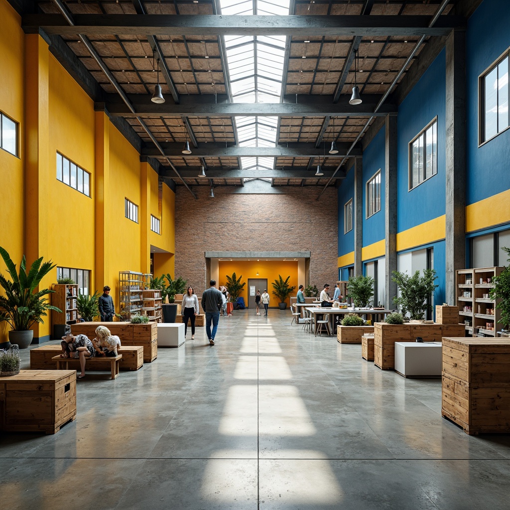 Prompt: Industrial warehouse interior, exposed brick walls, steel beams, polished concrete floors, vibrant accent colors, energizing yellow tones, calming blue hues, neutral beige backgrounds, natural light pouring through skylights, modern LED lighting systems, rustic wooden crates, metallic shelving units, functional workstations, collaborative open spaces, minimal decorative elements, emphasis on functionality, warm atmosphere, 1/2 composition, softbox lighting, realistic textures, subtle ambient occlusion.