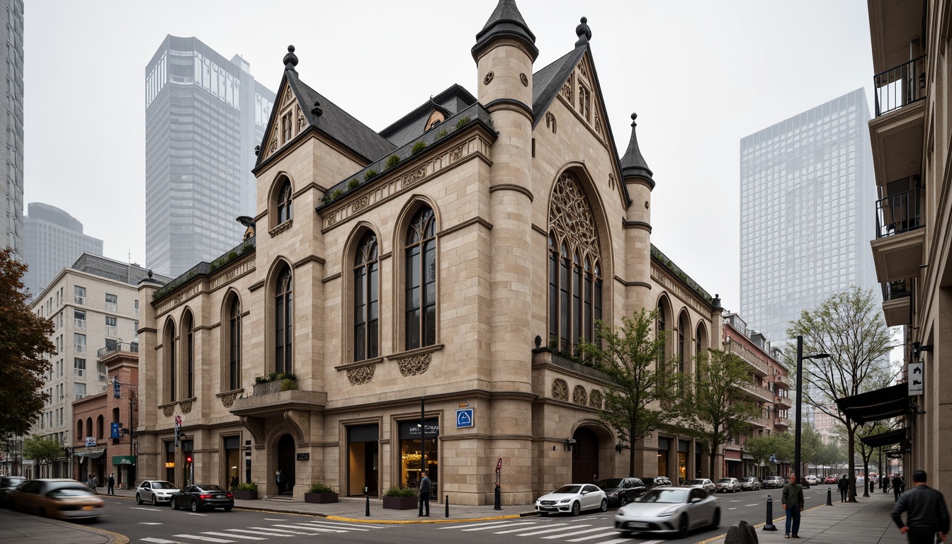 Prompt: Historic church facade, Gothic Revival architecture, ornate stone carvings, stained glass windows, urban cityscape, bustling streets, modern skyscrapers, concrete high-rises, brutalist structures, geometric patterns, clean lines, minimal ornamentation, functional design, natural light illumination, atmospheric misting, subtle color palette, warm beige tones, rustic textures, 1/1 composition, symmetrical framing, realistic rendering, ambient occlusion.