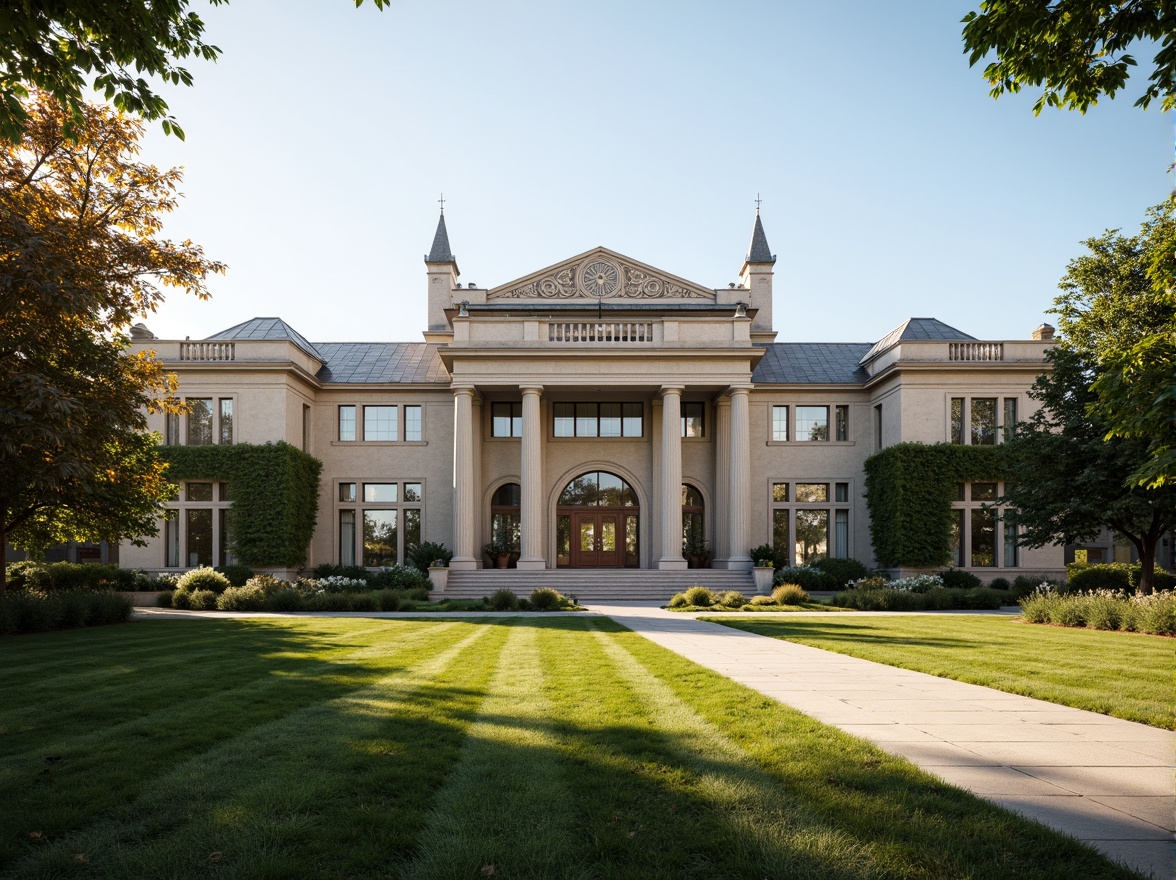 Prompt: Grand institutional facade, neoclassical architecture, symmetrical composition, ornate details, colonnaded entrance, rusticated base, limestone walls, slate roofing, ivy-covered walls, manicured lawns, walking paths, mature trees, sunny afternoon, soft warm lighting, shallow depth of field, 3/4 composition, panoramic view, realistic textures, ambient occlusion.