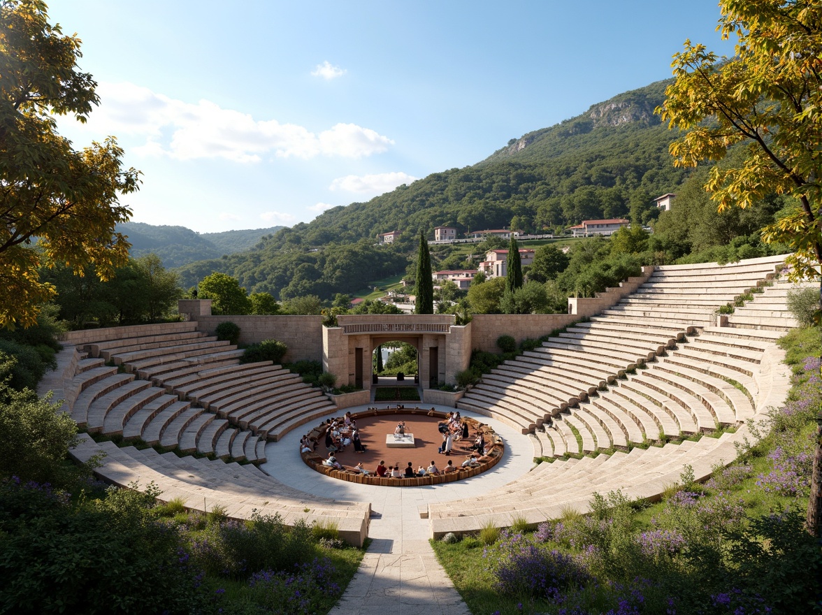 Prompt: Natural stone amphitheater, tiered seating, lush greenery surroundings, warm sunny day, clear blue sky, Mediterranean landscape, curved architecture, acoustic reflectors, sound-absorbing materials, wooden benches, audience participation, live music performances, echo reduction, reverberation control, optimal sound projection, 3D audio experience, immersive atmosphere, subtle shading, soft warm lighting, panoramic view, realistic textures, ambient occlusion.