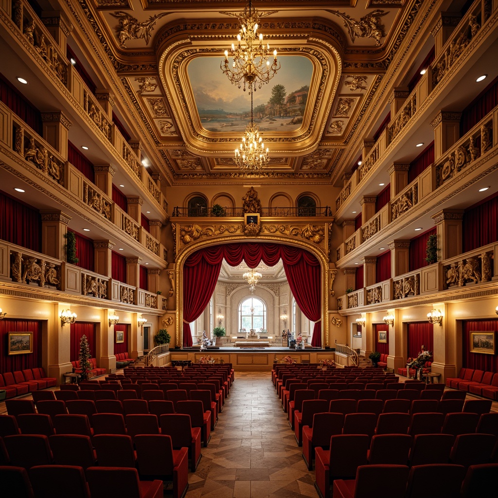 Prompt: Grand Renaissance-style auditorium, ornate golden details, crimson velvet curtains, intricately carved wooden seats, majestic stage with Baroque-inspired architecture, grandiose chandeliers, frescoed ceilings, marble floors, sweeping staircases, regal balconies, dramatic spotlights, warm soft lighting, shallow depth of field, 2/3 composition, symmetrical perspective, realistic textures, ambient occlusion.