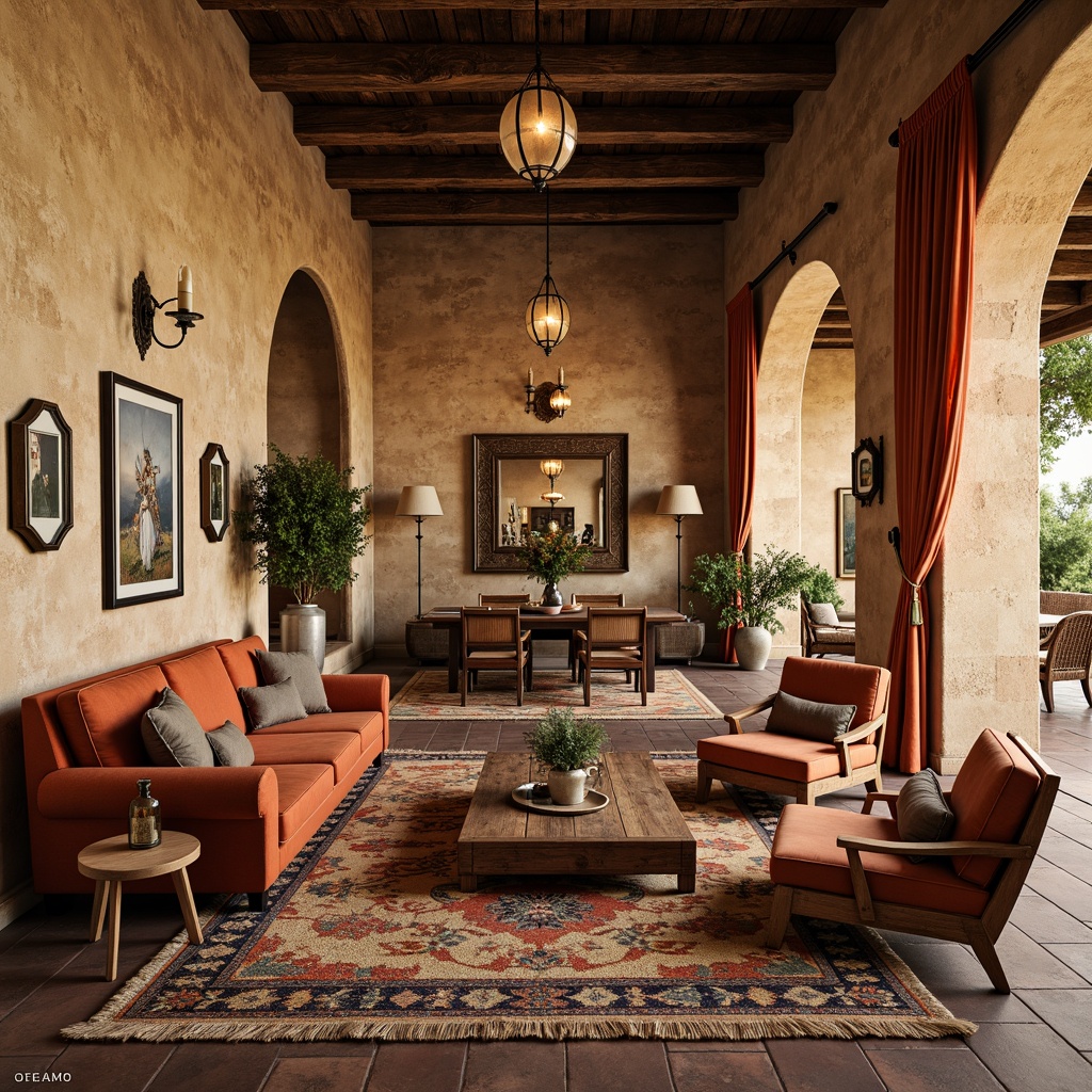 Prompt: Rustic sandstone walls, eclectic furniture mix, vintage armchairs, reclaimed wood coffee tables, plush velvet sofas, Moroccan-inspired tiles, colorful woven rugs, natural fiber drapes, lantern-style lighting fixtures, distressed wooden beams, open-plan living areas, cozy reading nooks, earthy color palette, warm golden lighting, shallow depth of field, 1/1 composition, realistic textures, ambient occlusion.