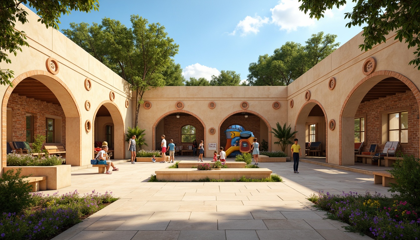 Prompt: Vibrant kindergarten playground, Romanesque arches, warm beige stone walls, rounded doorways, colorful ceramic tiles, intricate stone carvings, playful climbing structures, wooden benches, educational signage, lush greenery, blooming flowers, sunny day, soft warm lighting, shallow depth of field, 3/4 composition, panoramic view, realistic textures, ambient occlusion.