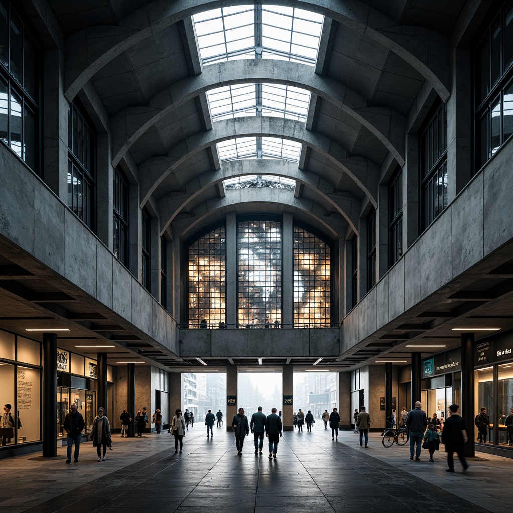 Prompt: Exposed concrete structures, brutalist architectural style, industrial metal beams, rugged stone walls, monumental train station hall, grand entrance gates, urban cityscape, busy commuter atmosphere, modern LED lighting systems, geometric patterned glass facades, cantilevered roofs, imposing pillar supports, raw concrete textures, dramatic shadows, high-contrast lighting, 1/2 composition, symmetrical framing, moody color palette, atmospheric misting effects.