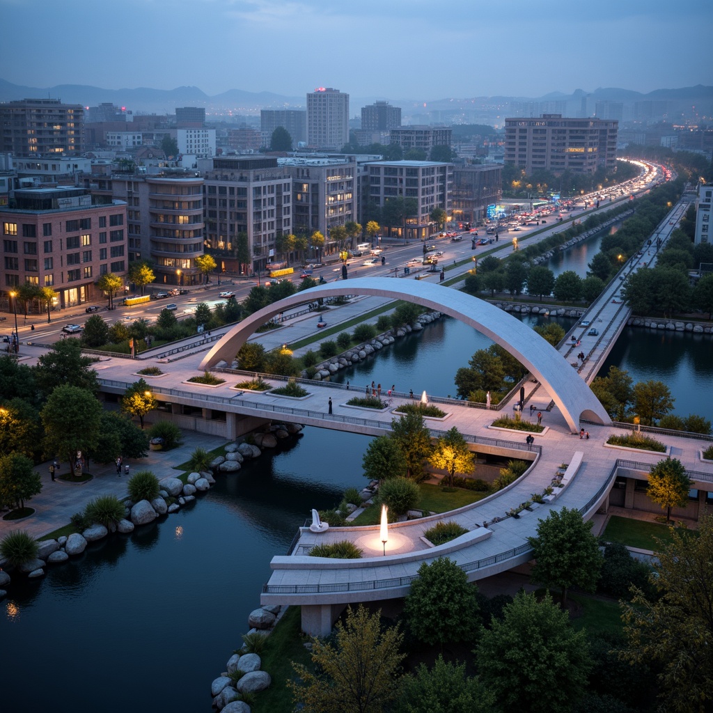 Prompt: Curved modernist bridge, sleek steel arches, suspended walkways, urban cityscape, bustling traffic, vibrant streetlights, lush greenery, natural stone piers, water features, fountains, pedestrian pathways, cyclist routes, public art installations, dynamic lighting effects, nighttime illuminations, misty atmospheric conditions, shallow depth of field, 2/3 composition, cinematic views, realistic textures, ambient occlusion.