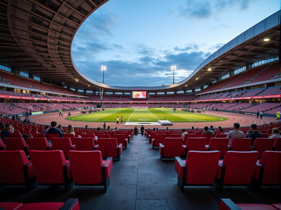 Prompt: Vibrant maroon stadium seating, sleek modern architecture, angular lines, metallic accents, lush green grass, athletic track lanes, scoreboard displays, floodlighting, evening atmosphere, dramatic shadows, 1/2 composition, low-angle shot, realistic textures, ambient occlusion.