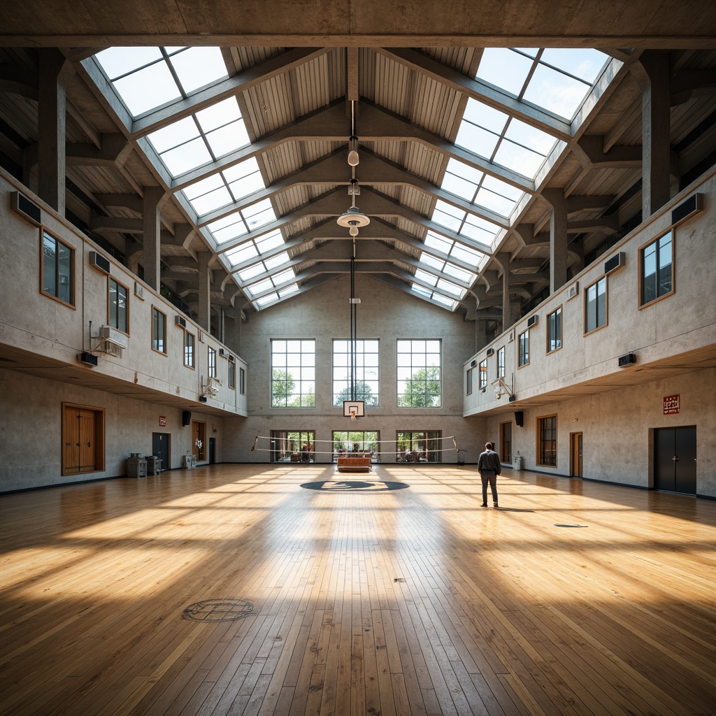 Prompt: High-ceiling gymnasium, natural light pouring through clerestory windows, wooden flooring, sports equipment, basketball hoops, volleyball nets, athletic tracks, minimalist design, industrial chic aesthetic, exposed ductwork, concrete walls, steel beams, large skylights, soft warm lighting, shallow depth of field, 3/4 composition, panoramic view, realistic textures, ambient occlusion.