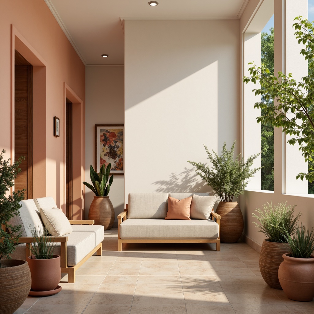 Prompt: Soft peach walls, creamy white accents, rich wood tones, natural stone flooring, earthy terracotta pots, lush greenery, delicate florals, warm beige upholstery, elegant metallic fixtures, subtle gradient effects, softbox lighting, 1/1 composition, realistic textures, ambient occlusion.