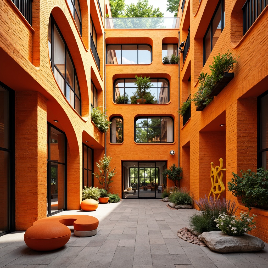 Prompt: Vibrant orange and yellow hues, irregular shapes, expressive brick patterns, playful window arrangements, dynamic column designs, eclectic mix of materials, bold color blocking, abstract mural art, whimsical sculptural elements, organic forms, natural stone accents, modern LED lighting, 3/4 composition, shallow depth of field, panoramic view, realistic textures, ambient occlusion.