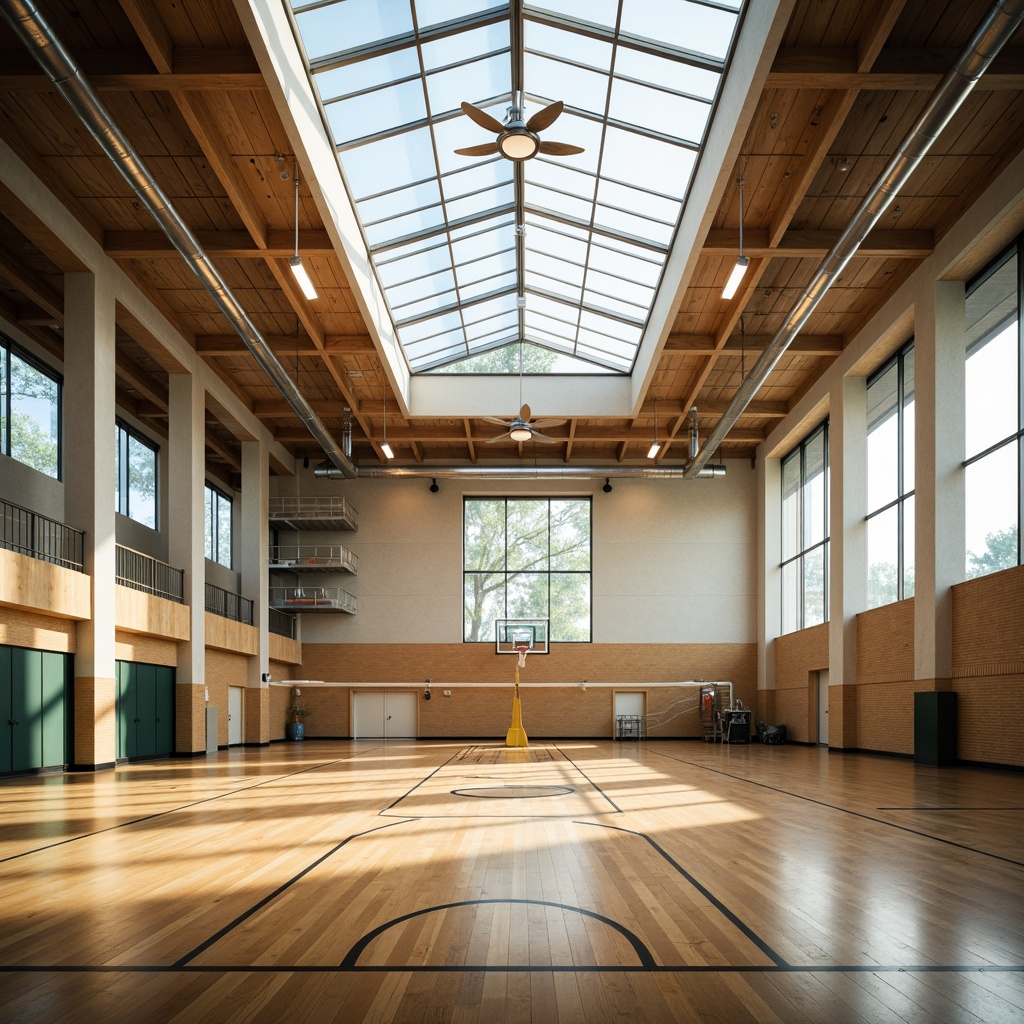 Prompt: Large gymnasium space, high ceilings, exposed ductwork, polished wood flooring, athletic equipment, basketball hoops, volleyball nets, natural light pouring in through clerestory windows, large skylights, transparent glass roofs, bright and airy atmosphere, soft warm lighting, shallow depth of field, 3/4 composition, realistic textures, ambient occlusion.