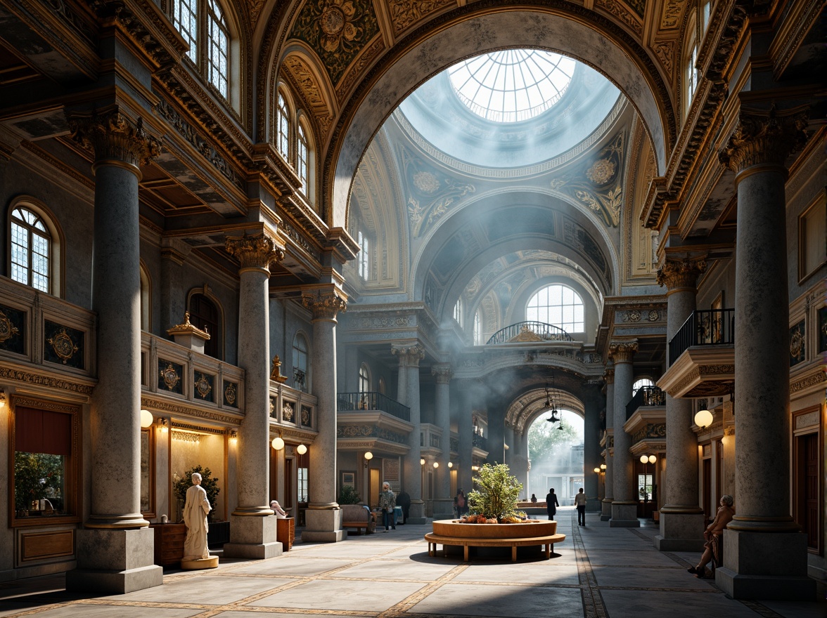 Prompt: Intricate Byzantine architecture, grand domes, ornate mosaics, lavish golden accents, marble columns, vaulted ceilings, apse decorations, clerestory windows, natural light pouring in, atmospheric smoke, mystical ambiance, high-contrast lighting, shallow depth of field, 1/2 composition, symmetrical framing, rich textures, ambient occlusion.