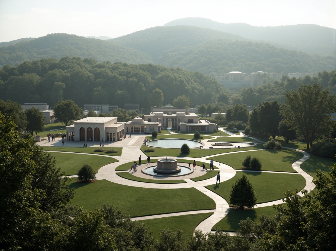 Prompt: Serenely landscaped memorial center, harmonious blend of architecture and nature, rolling hills, mature trees, peaceful water features, walking trails, commemorative gardens, solemn monuments, elegant fountains, natural stone walls, curved pathways, subtle lighting, misty atmosphere, 3/4 composition, panoramic views, realistic textures, ambient occlusion.